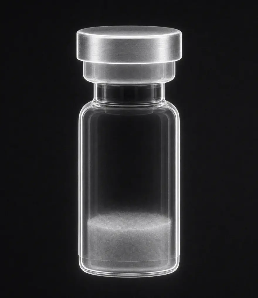 A sealed research vial photographed as a luminous silhouette against a dark ground, the way an imaging plate records an object