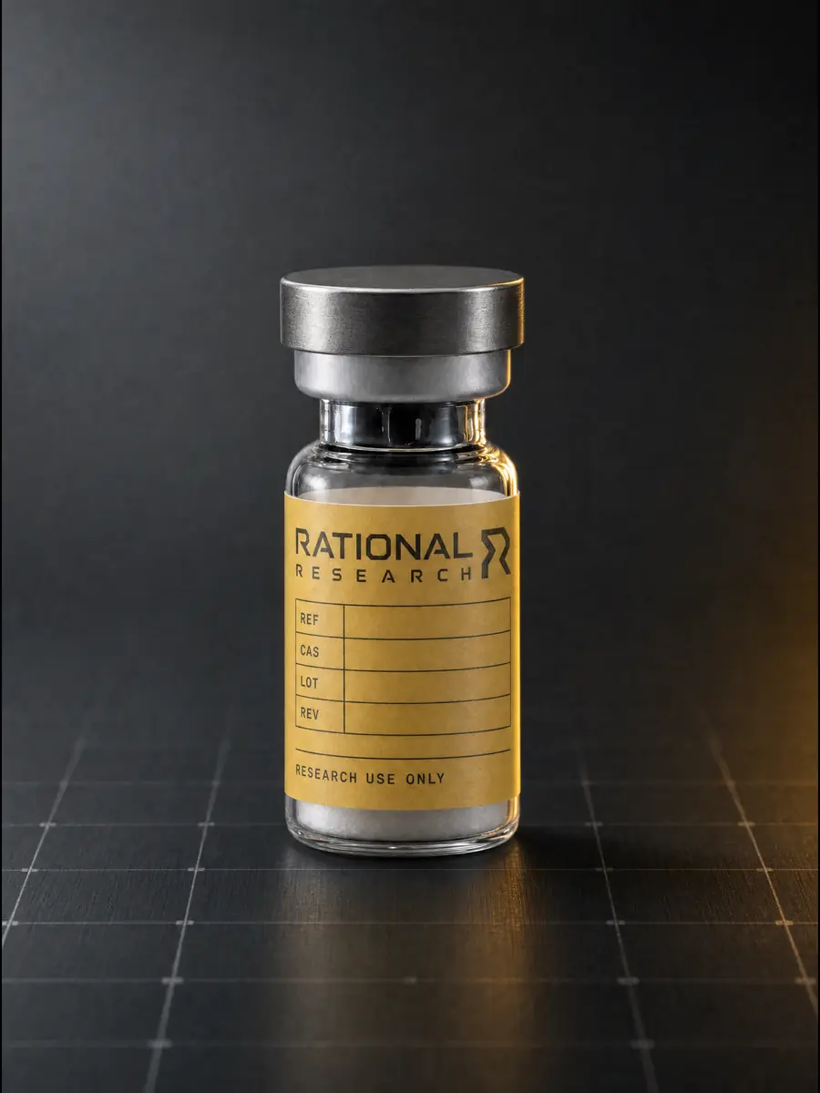A sealed research vial carrying the printed Rational Research label, standing on a graphite panel