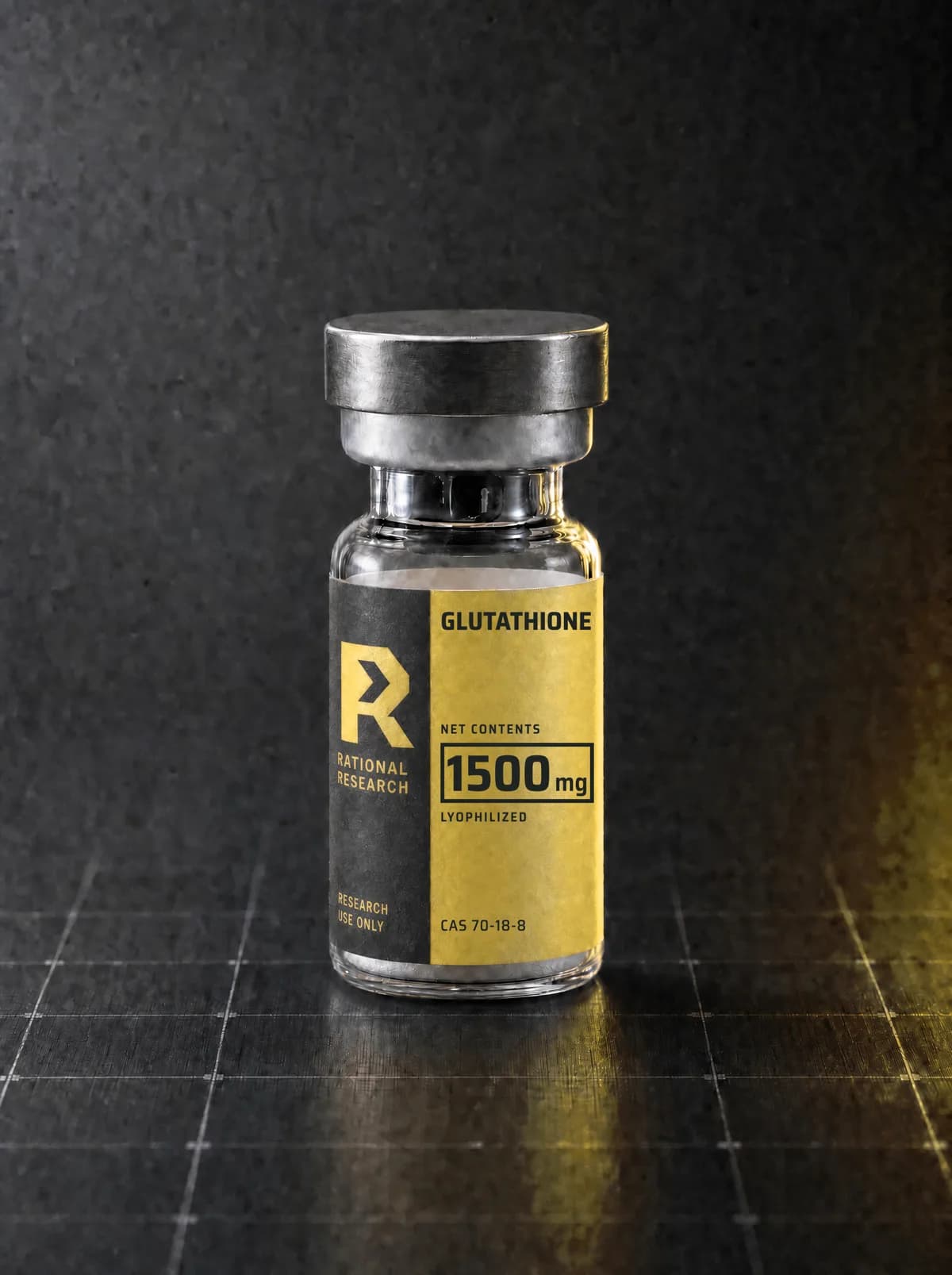 A sealed research vial carrying the printed Rational Research label for Glutathione, standing on a graphite panel