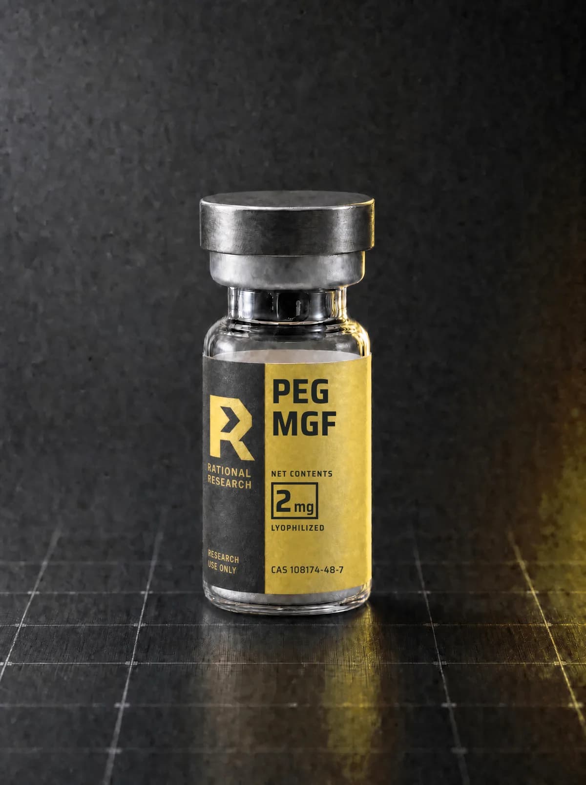 A sealed research vial carrying the printed Rational Research label for PEG MGF, standing on a graphite panel