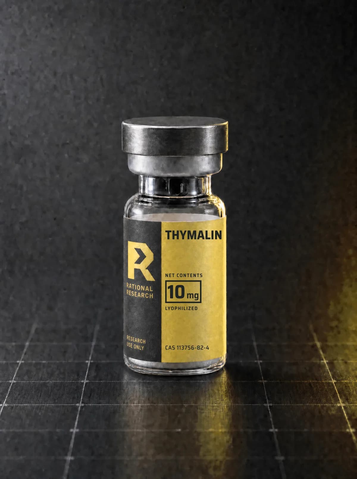 A sealed research vial carrying the printed Rational Research label for Thymalin, standing on a graphite panel